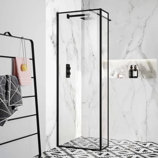 Munich Matt Black Framed 8mm Wet Room Shower Glass 700mm & 250mm Return Panel