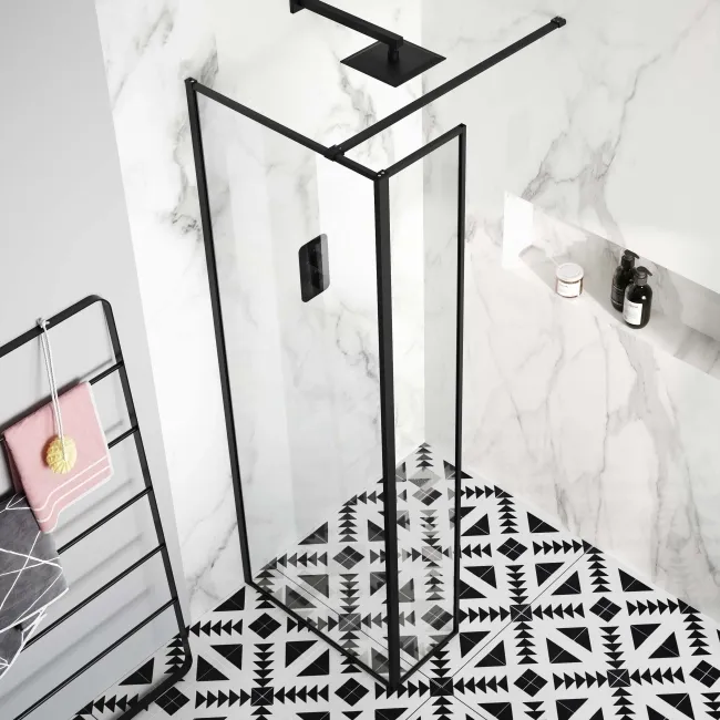 Munich Matt Black Framed 8mm Wet Room Shower Glass 700mm & 250mm Return Panel