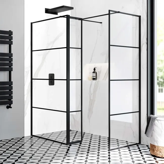 Munich Matt Black Grid 8mm Walk In Shower Enclosure 1100mm & 700mm Glass with Pivotal Return Panel