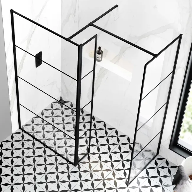 Munich Matt Black Grid 8mm Walk In Shower Enclosure 1100mm & 700mm Glass with Pivotal Return Panel