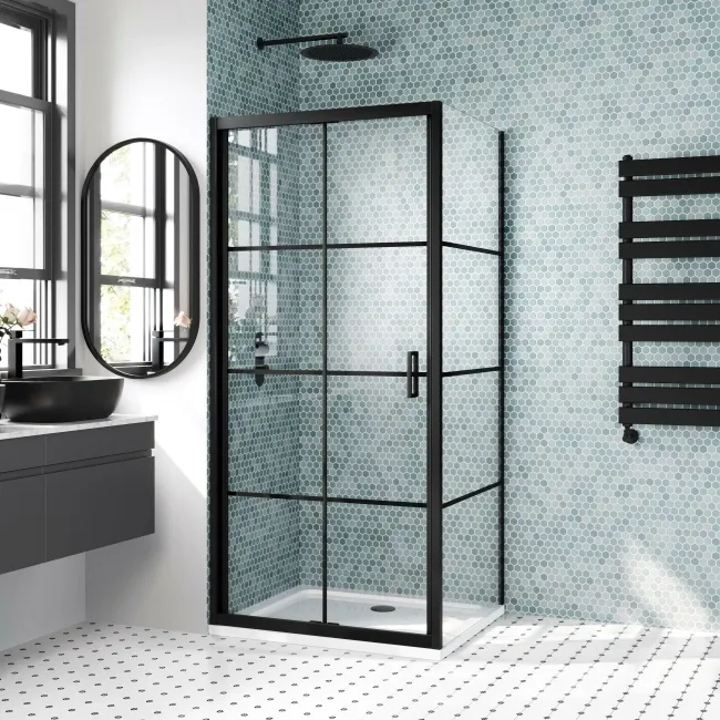 London Matt Black Grid 6mm Bifold Shower Enclosure 900x700mm