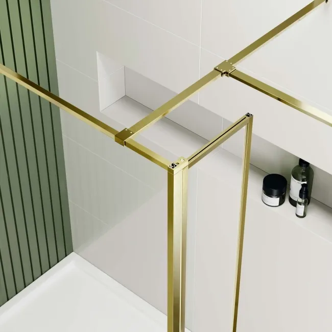 Munich Brushed Brass Framed 8mm Walk In Shower Enclosure 900mm & 800mm Glass with Return Panel