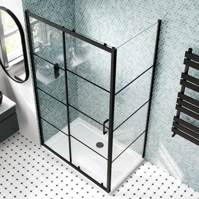 London Matt Black Grid 6mm Sliding Shower Enclosure 1100x760mm