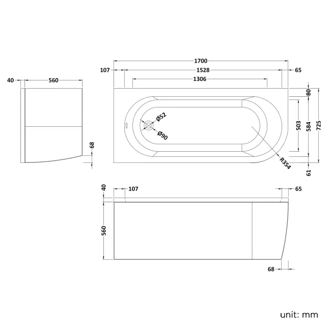 Oakham 1700 Space Saving Bath - Left Handed ( Excludes Bath Panel)