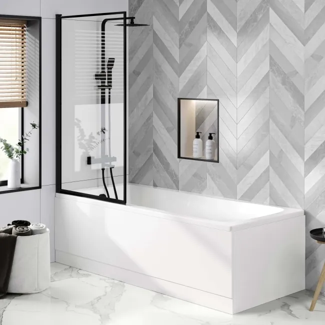 Hereford 1800x800 Square Shower Bath & 6mm Easy Clean Matt Black Framed Bath Screen