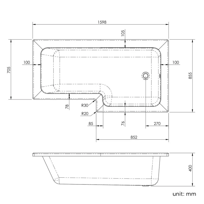 L Shaped 1600 Shower Bath & 4mm Fixed Screen with Rail - Right Handed