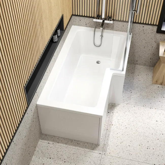 L Shaped 1600 Shower Bath & 6mm Easy Clean Screen with Rail - Right Handed