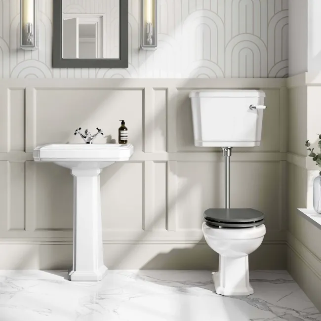 Hudson Traditional Low-Level Toilet With Graphite Grey Seat & Pedestal Basin - Single Tap Hole