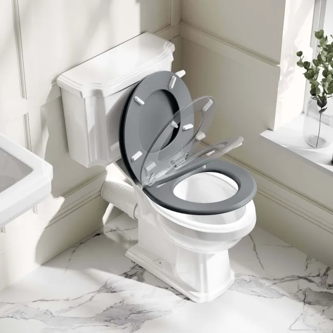 Hudson Traditional Toilet With Dove Grey Seat & Pedestal Basin Set - Double Tap Hole