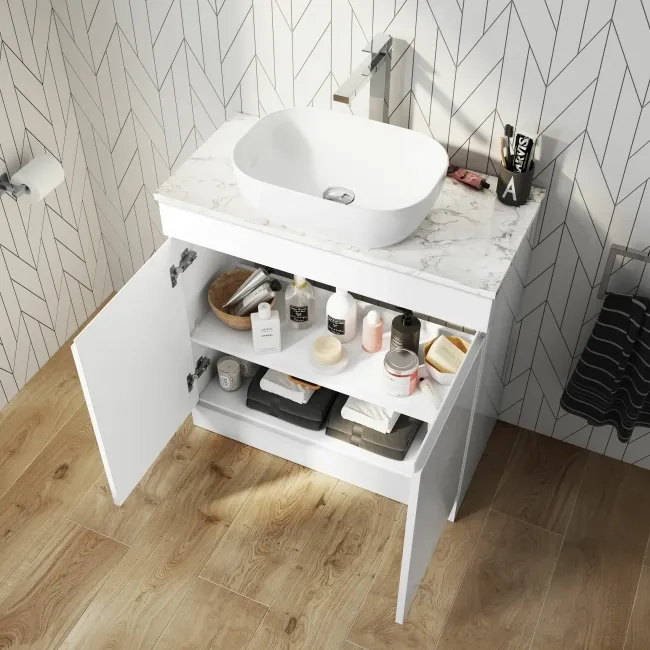 Trent Gloss White Vanity with Marble Top & Curved Counter Top Basin 800mm