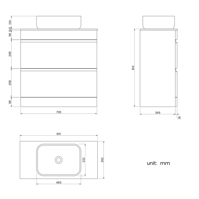 Trent Gloss White Vanity Drawer with Marble Top & Curved Counter Top Basin 800mm