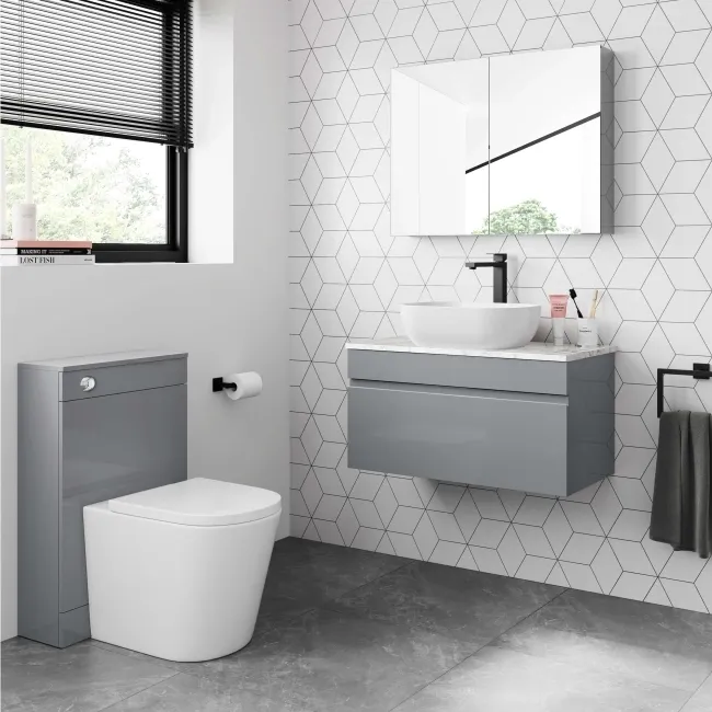 Trent Stone Grey Wall Hung Drawer Vanity with Marble Top & Curved Counter Top Basin 800mm