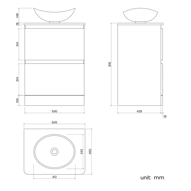 Corsica Storm Grey Drawer Vanity with Oval Counter Top Basin 600mm
