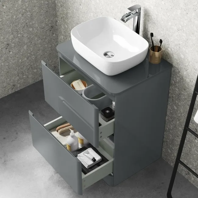Corsica Storm Grey Drawer Vanity with Curved Counter Top Basin 600mm