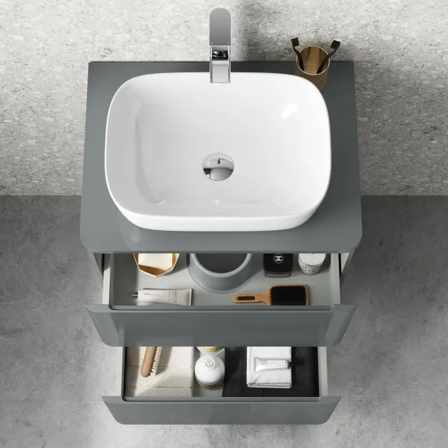 Corsica Storm Grey Drawer Vanity with Curved Counter Top Basin 600mm