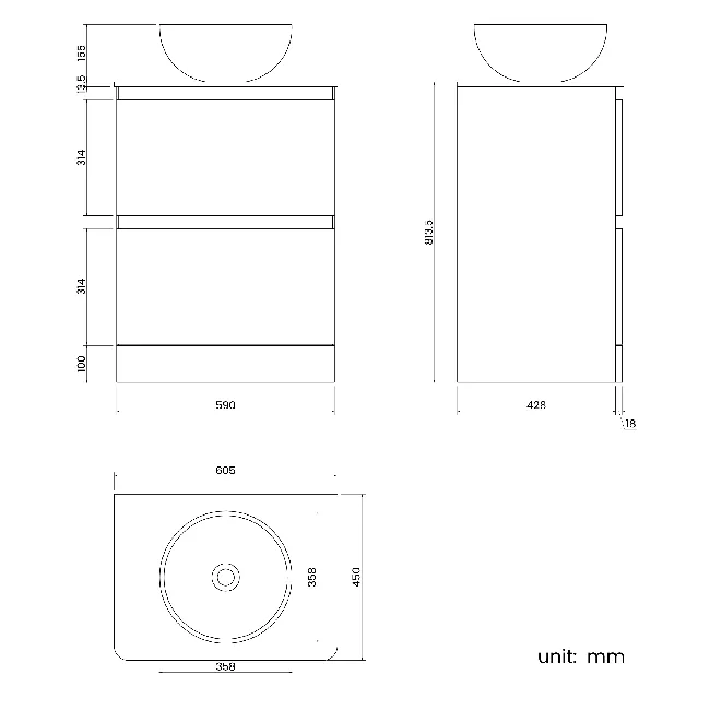 Corsica Storm Grey Vanity Drawer with Marble Top & Round Counter Top Basin 600mm