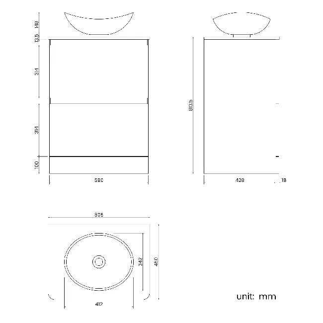 Corsica Storm Grey Vanity Drawer with Marble Top & Oval Counter Top Basin 600mm