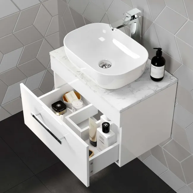 Avon Gloss White Wall Hung Drawer with Marble Top 600mm - Excludes Counter Top Basin
