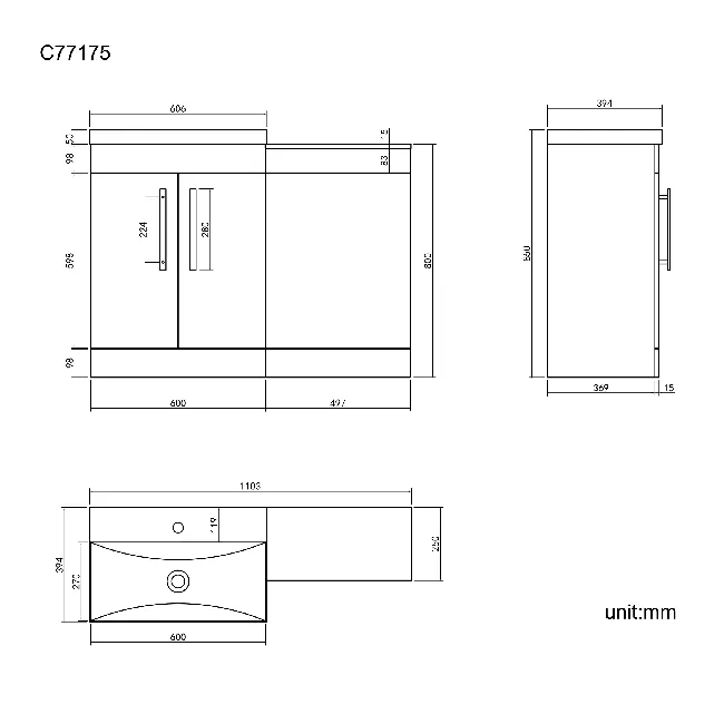 Avon Stone Grey Basin Vanity and Back To Wall Unit 1100mm
