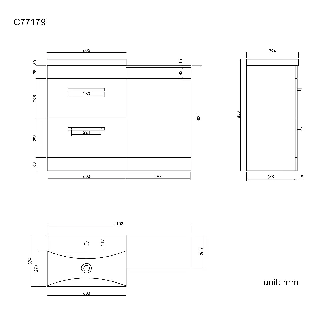 Avon Stone Grey Basin Drawer Vanity and Back To Wall Toilet Unit 1100mm - Excludes Toilet