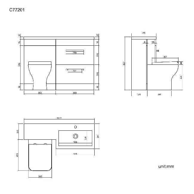 Avon Stone Grey Combination Basin Drawer and Atlanta Toilet 1100mm - Right Handed