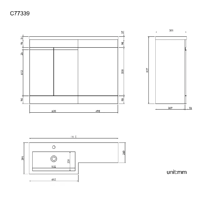 Trent Gloss White Basin Vanity and Back To Wall Unit 1100mm - Left Handed