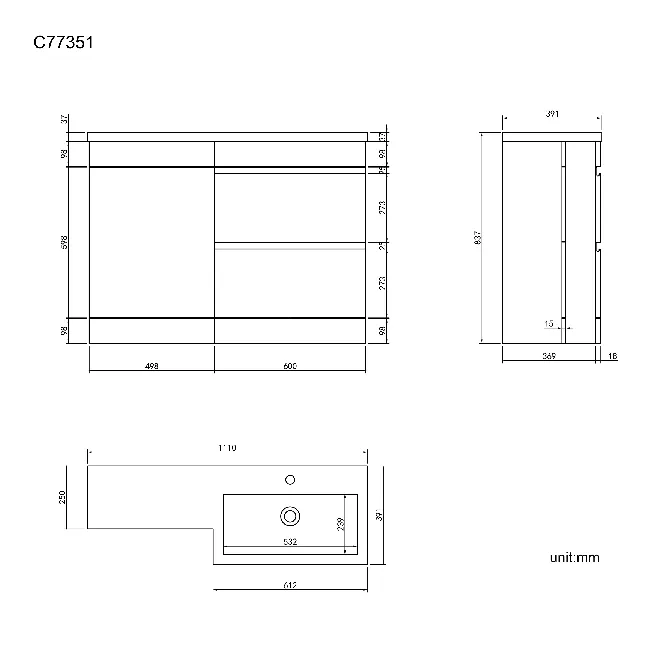 Trent Gloss White Basin Vanity Drawer and Back To Wall Unit 1100mm - Right Handed