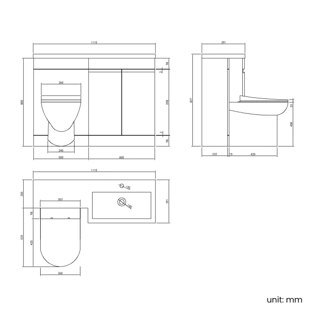 Trent Stone Grey Combination Vanity Basin and Aruba Toilet 1100mm - Right Handed