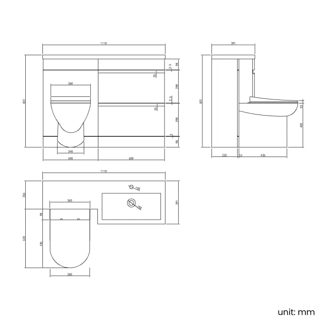 Trent Stone Grey Combination Basin Drawer and Aruba Toilet 1100mm - Right Handed