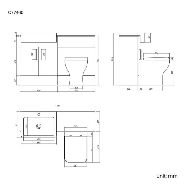 Harper Charcoal Elm Combination Vanity Basin with Marble Top & Atlanta Toilet 1200mm