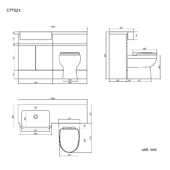 Foster Stone Grey Combination Vanity Basin and Seattle Toilet 1200mm - Left Handed