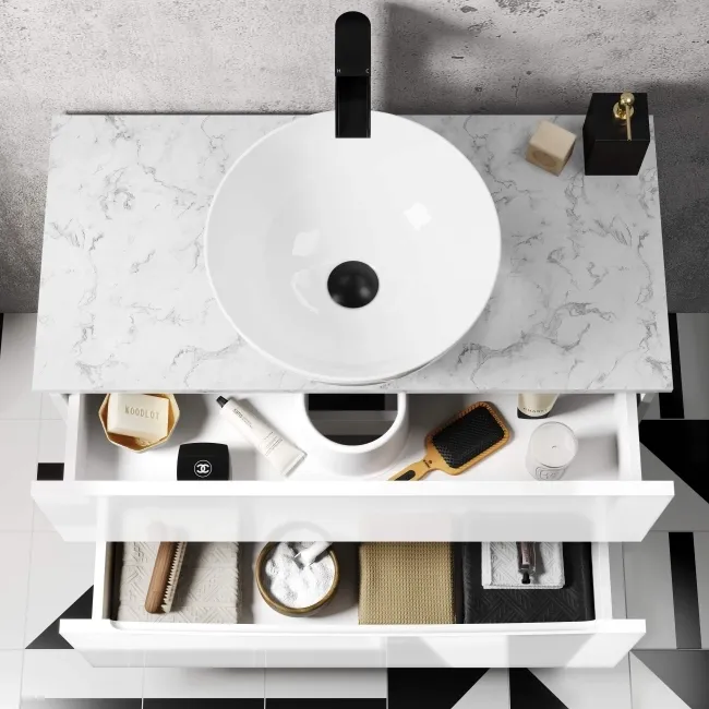 Austin Gloss White Counter Top Drawer with Marble Top 800mm - Excludes Counter Top Basin