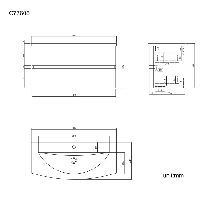 Bali Gloss White Wall Hung Basin Drawer Vanity 1000mm