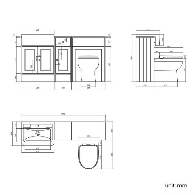 Monaco Dove Grey Combination Vanity Traditional Basin and Seattle Toilet 1500mm