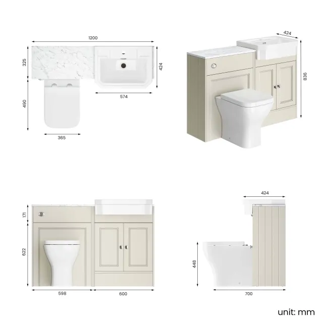 Monaco Chalk White Combination Vanity Traditional Basin with Marble Top & Atlanta Toilet 1200mm