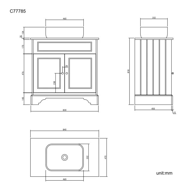 Lucia Graphite Grey Vanity with Oak Effect Top & Curved Counter Top Basin 840mm