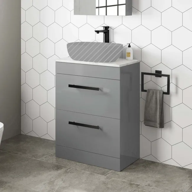 Avon Stone Grey Counter Top Vanity Drawer with Marble Top 600mm - Black Accents
