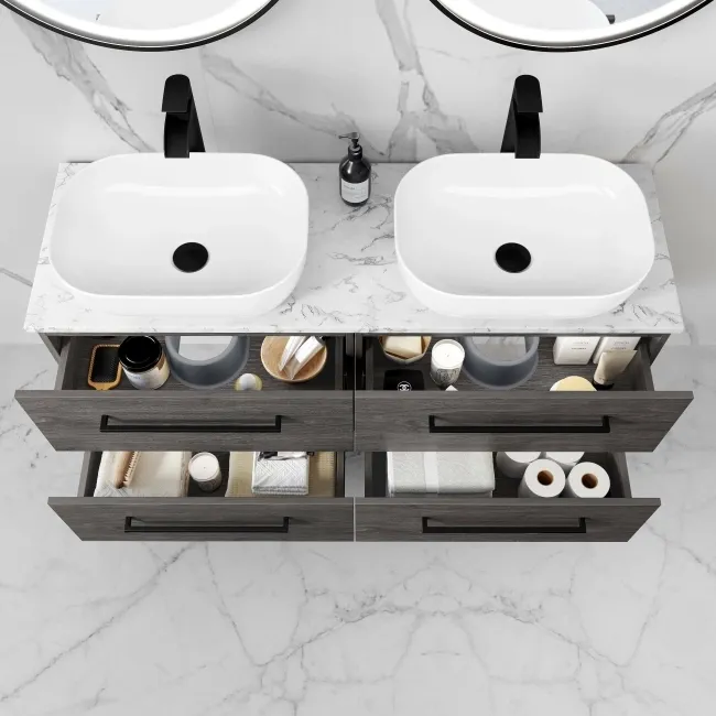 Elba Charcoal Elm Double Wall Hung Drawer Vanity with Marble Top & Curved Counter Top Basin 1200mm - Black Accents