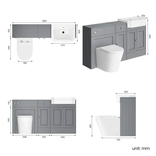Monaco Dove Grey Combination Vanity Traditional Basin and Boston Toilet 1500mm