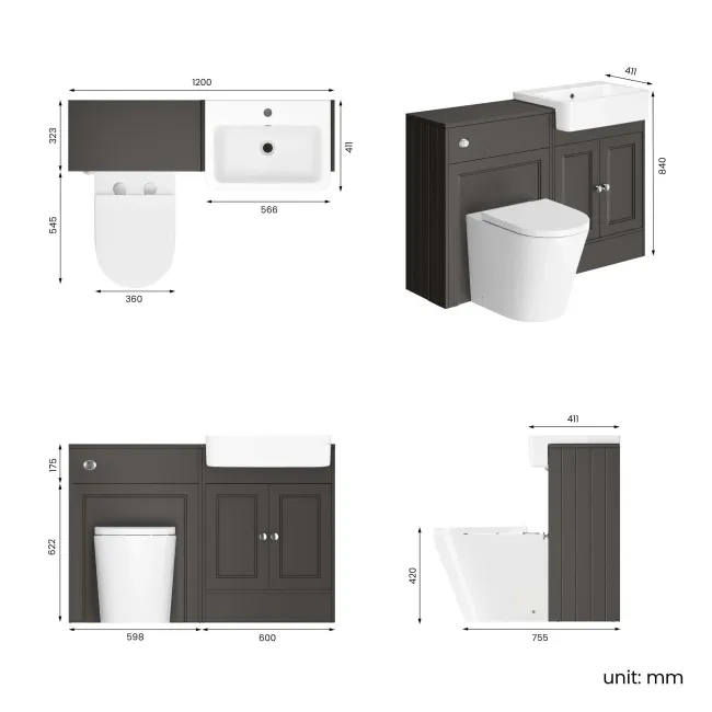 Monaco Graphite Grey Combination Vanity Basin and Boston Toilet 1200mm