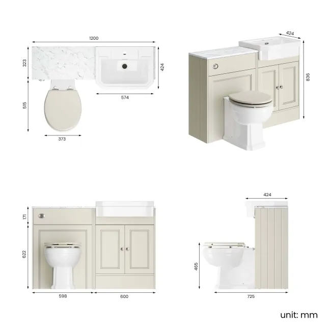 Monaco Chalk White Combination Vanity Traditional Basin with Marble Top & Hudson Toilet with Wooden Seat 1200mm