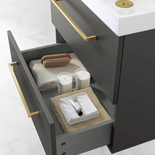 Elba Graphite Grey Wall Hung Basin Drawer Vanity 600mm - Brushed Brass Accents