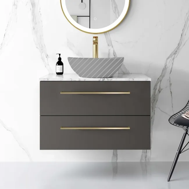 Elba Graphite Grey Wall Hung Drawer 800mm Excludes Counter Top Basin - Brushed Brass Accents