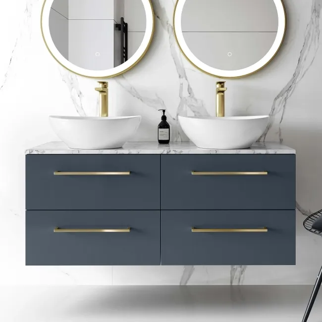 Elba Inky Blue Double Wall Hung Drawer Vanity with Marble Top & Oval Basin 1200mm - Brushed Brass Accents