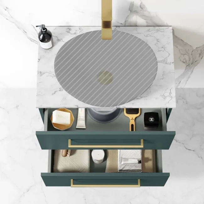 Elba Midnight Green Wall Hung Drawer 600mm Excludes Counter Top Basin - Brushed Brass Accents