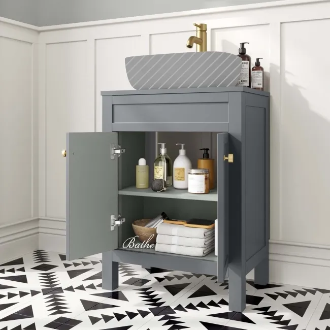 Bermuda Dove Grey Cabinet 600mm Excludes Counter Top Basin - Brushed Brass Accents