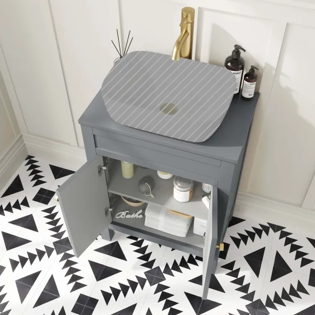 Bermuda Dove Grey Cabinet 600mm Excludes Counter Top Basin - Brushed Brass Accents