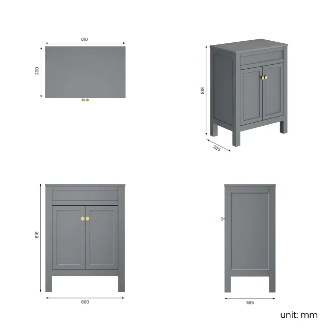 Bermuda Dove Grey Cabinet 600mm Excludes Counter Top Basin - Brushed Brass Accents