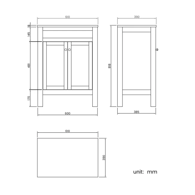 Bermuda Dove Grey Cabinet 600mm Excludes Counter Top Basin - Brushed Brass Accents