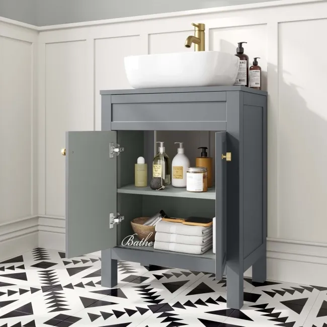 Bermuda Dove Grey Vanity with Curved Counter Top Basin 600mm - Brushed Brass Accents